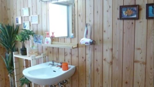 a bathroom with a sink and a mirror on a wooden wall at Kyukamura Kesennuma-Ohshima in Kesennuma