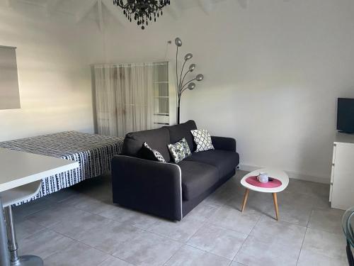 a living room with a couch and a bed at Alamanda studio à 2 mn de la plage in Friar's Bay