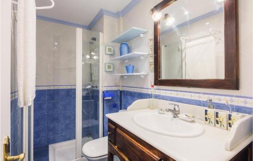 奧維多的住宿－Cozy Apartment In Oviedo With Kitchenette，蓝色和白色的浴室设有水槽和淋浴