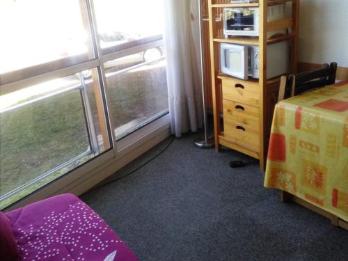 Cette chambre dispose d'un lit, d'un four micro-ondes et de fenêtres. dans l'établissement Studio cosy 4 pers, au pied des pistes - 19m², ascenseur, TV, cuisine équipée, rénové, proche télécabines - FR-1-689-83, à Villard-de-Lans