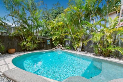 una piscina en un patio con palmeras en Bluefin, en Noosaville
