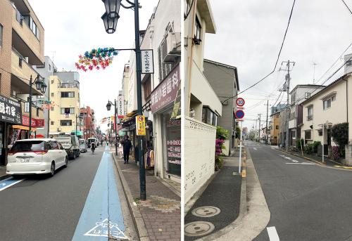 two pictures of a city street with a building at Ustay Kitakoiwa in Tokyo