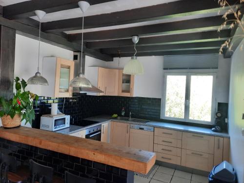 une cuisine avec des armoires en bois et un four à plaques de cuisson dans l'établissement MAISON/PISCINE 5mn de Bayonne 12 de Biarritz, à Mouguerre