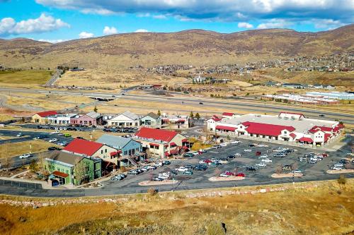 an aerial view of a town with a parking lot at Cedar Haven in Park City