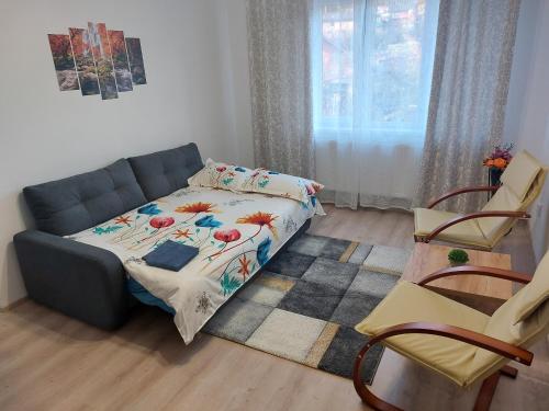 a living room with a couch and a chair at La Radu in Lupeni