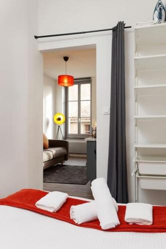 une chambre avec un lit et un salon dans l'établissement N2 des Études Cosy Hypercentre Wifi ConciergerieDameCarcas, à Carcassonne