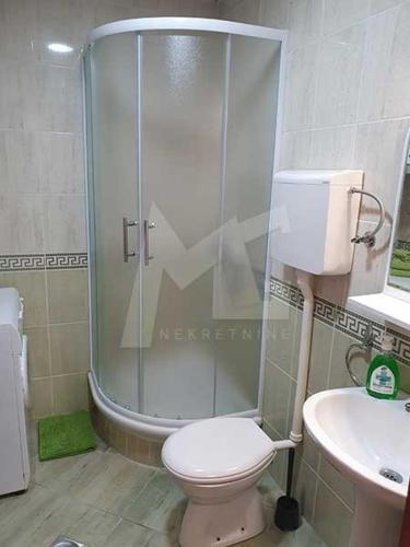 a bathroom with a shower and a toilet and a sink at Sun Center Apartment in Novi Sad