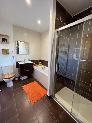 une salle de bain avec une douche, des toilettes et un lavabo dans l'établissement Maison idéale circuit-7 pers-proximité hyper centre, transports et tranquillité, au Mans