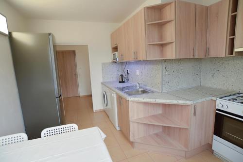 a kitchen with a sink and a refrigerator at Apartmány Karviná in Karviná
