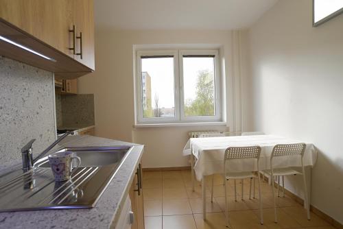 a kitchen with a sink and a table with chairs at Apartmány Karviná in Karviná