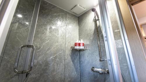 Rakuten STAY MOTEL Nikko Kinugawa Standard Room في نيكو: حمام مع دش مع باب زجاجي