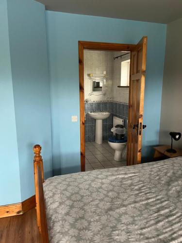 a bedroom with a bed and a bathroom with a sink at Doughlasha House V93RX64 in Killarney