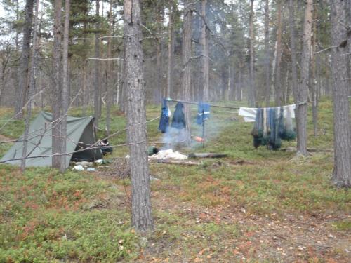 a group of tents in the woods with a clothes line at Lemmenjoen Lumo - Nature Experience & Accommodation in Lemmenjoki