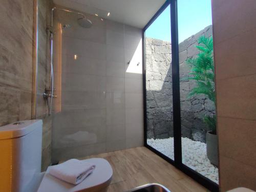 een badkamer met een douche, een toilet en een raam bij Villalia Aroa in Playa Blanca