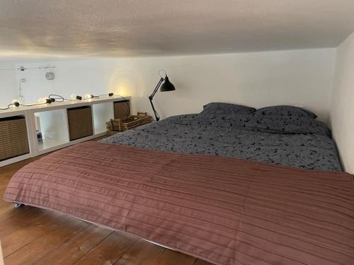 1 dormitorio con 1 cama grande y escritorio en Studio cosy, hyper centre d'Aix, vue montagnes, proche thermes, en Aix-les-Bains
