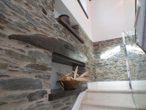a room with a stone fireplace with a plant at Apartamentos Puerta del Castro in Coaña