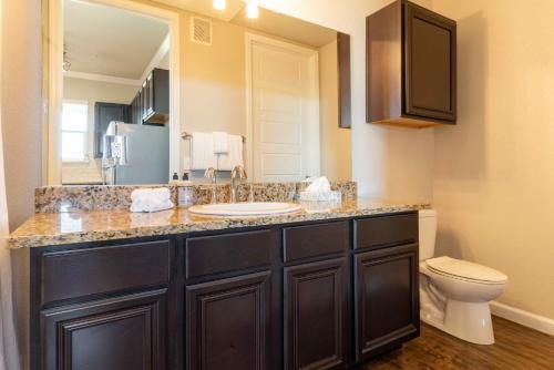 La salle de bains est pourvue d'un lavabo et de toilettes. dans l'établissement Bright and Spacious Apartments with Gym and Pool Access at Century Stone Hill North in Pflugerville, Austin, à Pflugerville