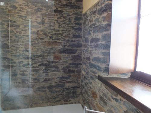 a bathroom with a stone wall and a shower at Apartamentos Puerta del Castro in Coaña