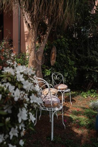 two chairs and a table in front of a tree at Villa Alto Boutique Hotel in Ponta do Sol