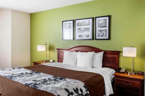 a bed in a hotel room with green walls at Sleep Inn Gaffney at I-85 in Gaffney