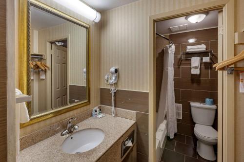 a bathroom with a sink and a toilet and a mirror at Quality Inn Toronto Airport in Mississauga