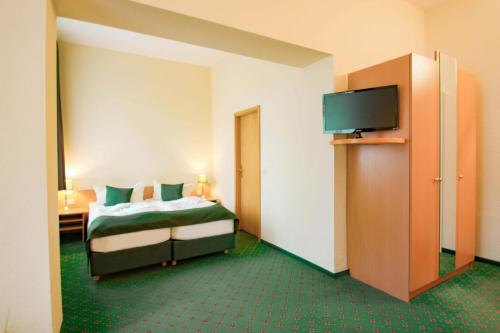 a hotel room with a bed and a flat screen tv at Ferien Hotel Villa Südharz in Sülzhayn