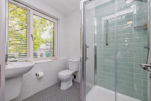 a bathroom with a toilet and a sink and a shower at Forty Four Main Street in Swords