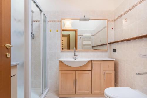 a bathroom with a sink and a mirror at Dimora La Quiete in Bedollo