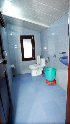 a blue bathroom with a toilet and a tub at Thakur homes- couple and family friendly homestay in Shimla