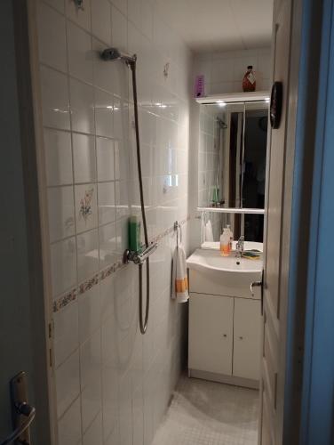 une salle de bain avec douche et lavabo dans l'établissement chambre d'hote dans maison individuelle, à Saint-Malo