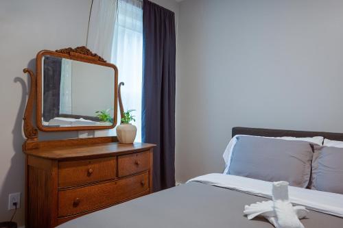 a bedroom with a bed and a mirror on a dresser at Boston Queen Bedroom in Boston