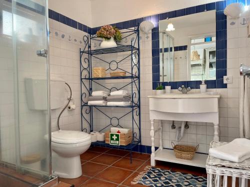 a bathroom with a toilet and a sink and a shower at Casa O Refúgio in Lagoa