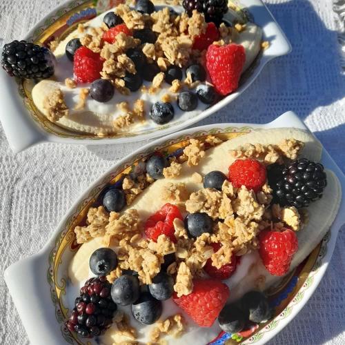 two plates of dessert with fruit and granola at QUINTA DO MONTE DAS ABELHAS - La Vénus de Lisbonne in Calhandriz