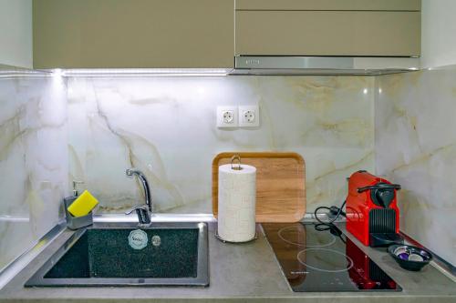 um balcão de cozinha com um lavatório e uma bancada em Tsimiski Contemporary Studio 1 em Tessalónica