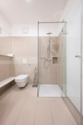 a bathroom with a shower and a toilet at Luxury Suites Liechtenstein in Vienna