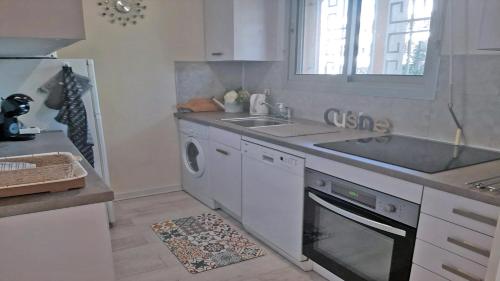 une cuisine avec un évier et une machine à laver dans l'établissement Patio Fleuri, à Sainte-Maxime