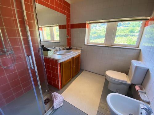uma casa de banho com um WC, um lavatório e um chuveiro em Quinta Da Porta Caseira em Resende