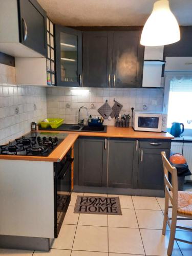 une cuisine avec des armoires noires et un four à plaques de cuisson dans l'établissement Appartement spacieux à Ingersheim avec vue sur jardin, 100 m², à Ingersheim