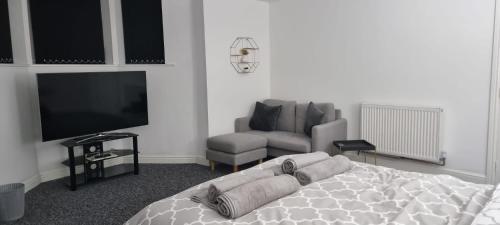 a living room with a bed and a couch and a television at Ultra-Fine APARTMENTS in CENTRAL HALIFAX in Halifax