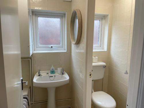 a bathroom with a sink and a toilet and a window at 126 Hemsby Holiday Chalet, Convenient for sandy beach in Hemsby