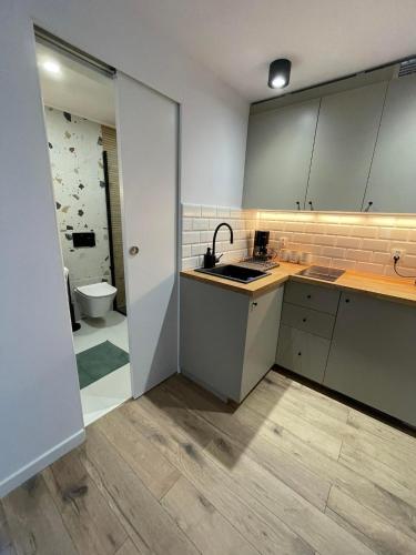 uma cozinha vazia com um lavatório e um WC em Sosnowy Apartament em Polanica-Zdrój