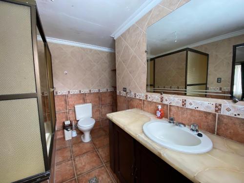 a bathroom with a sink and a toilet and a mirror at Agradable departamento - casa con estacionamiento gratis in Sucre