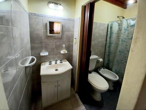 a bathroom with a sink and a toilet and a shower at El Ceibo in Carhué