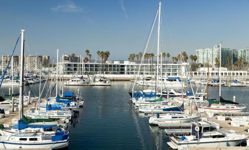 a group of boats docked in a marina at Marina del Rey Hotel in Los Angeles