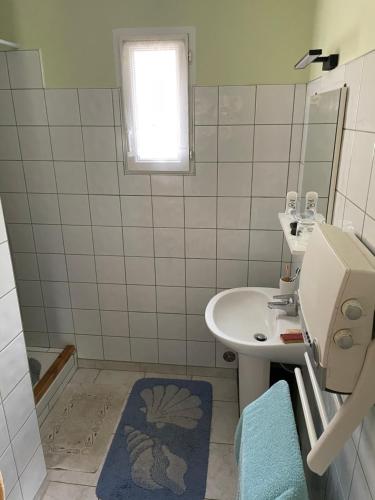 Baño pequeño con lavabo y aseo en Gîte ylangylang en Saint-Paul-le-Jeune