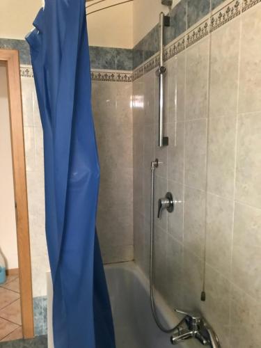 y baño con ducha con cortina azul. en Casa Stablum, en Malè