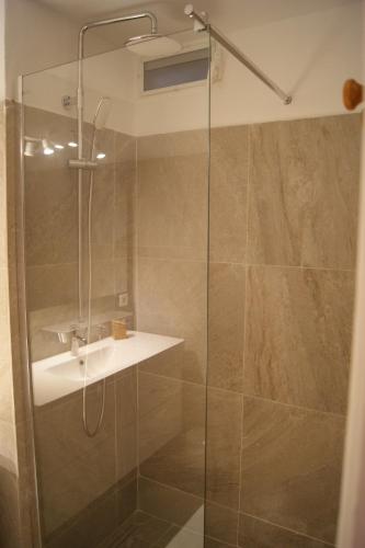 a shower with a glass door and a sink at Lagoon Terrace grand studio in Saint Martin