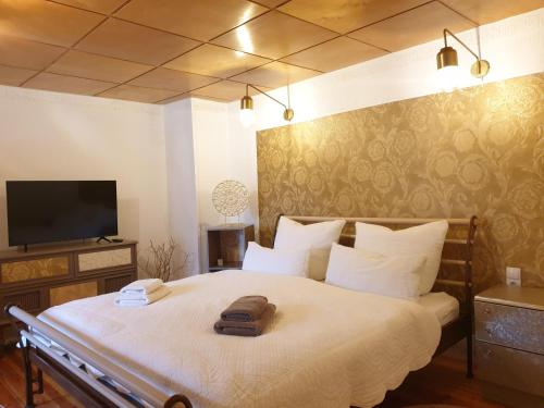a bedroom with a large bed with a television on it at Stillvolle Designwohnung im historischen Zentrum in Stolberg i. Harz