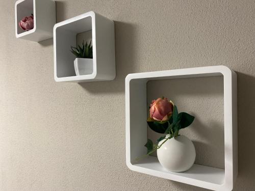 a flower in a white vase on a wall at Hempis Ferienwohnungen in Hochkirch