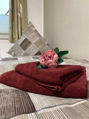 a red towel with a pink rose on a bed at Hempis Ferienwohnungen in Hochkirch